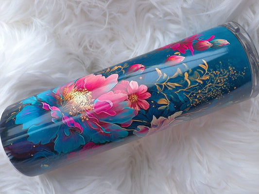 20oz Duo Teal and Magenta Flowers Tumbler
